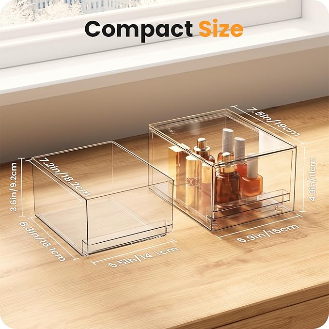 A-LuGei 【𝟮𝗣𝗖𝗦】 Acrylic Stackable Storage Drawers, 7.5" L Makeup Organizer, Bathroom Organizer and Storage, Plastic Storage Bins for Kitchen Cabinet Pantry Medicine Fridge