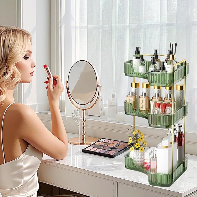 GTI 3-Tier Corner Bathroom Counter Organizer, Large Capacity Makeup Organizer Countertop, Perfume Cosmetics Skincare Vanity Organizers, Exquisite Countertop Storage for Women (Green)