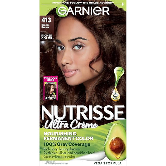 Garnier Hair Color Nutrisse Nourishing Creme, 413 Bronze Brown (Bronze Sugar) Permanent Hair Dye, 1 Count (Packaging May Vary)