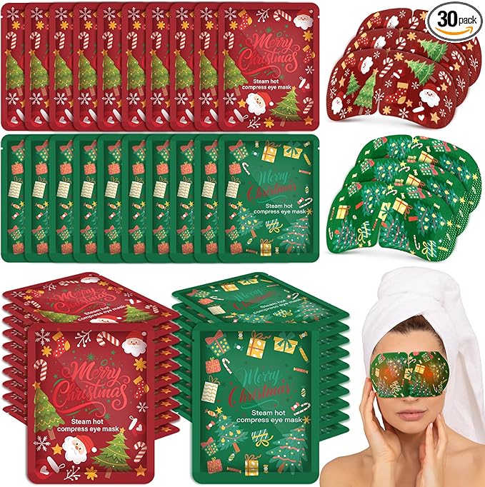 Bonuci 30 Pcs Christmas Steam Eye Masks Bulk for Dry Eyes Disposable Heating Eye Mask for Spa Sleep Warm Compress Stress Dark Circle Relief Puffiness and Relaxation Gifts Christmas Stocking Stuffer