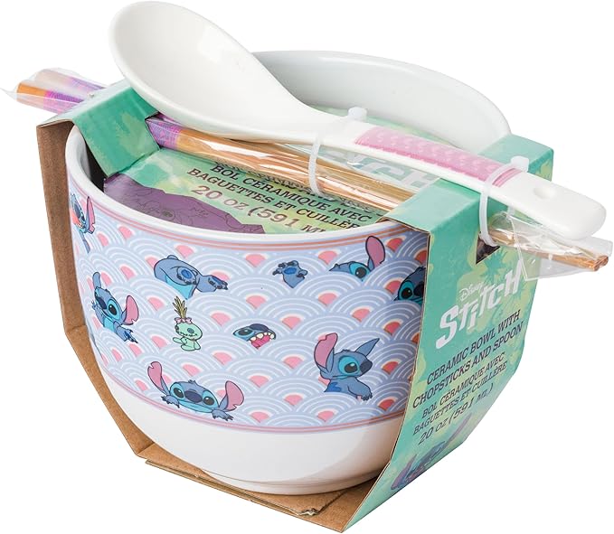 Silver Buffalo Disney Lilo and Stitch Scrump Waves Japanese Pattern Ceramic Ramen Noodle Rice Bowl with Chopsticks and Spoon, Microwave Safe, 20 Ounces