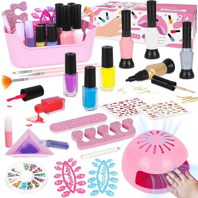 Kids Nail Polish Set for Girls, 27PCS Nail Art Kit with Nail Dryer, Non Toxic Nail Polish kit and Fake Nails for Kids, Halloween Christmas Birthday Gifts for Girls 8-12