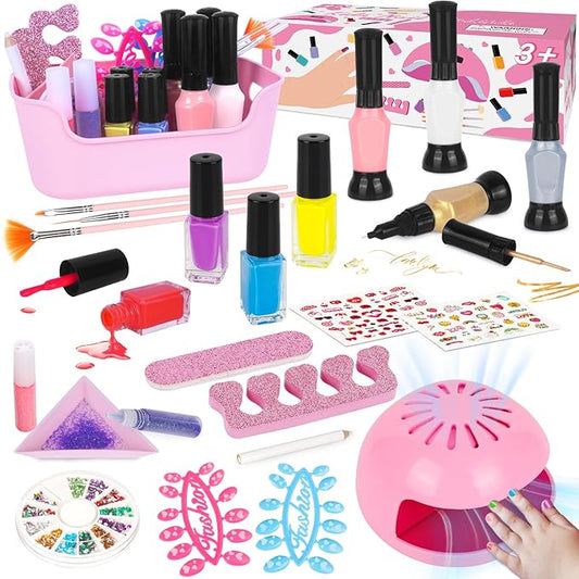 Kids Nail Polish Set for Girls, 27PCS Nail Art Kit with Nail Dryer, Non Toxic Nail Polish kit and Fake Nails for Kids, Halloween Christmas Birthday Gifts for Girls 8-12