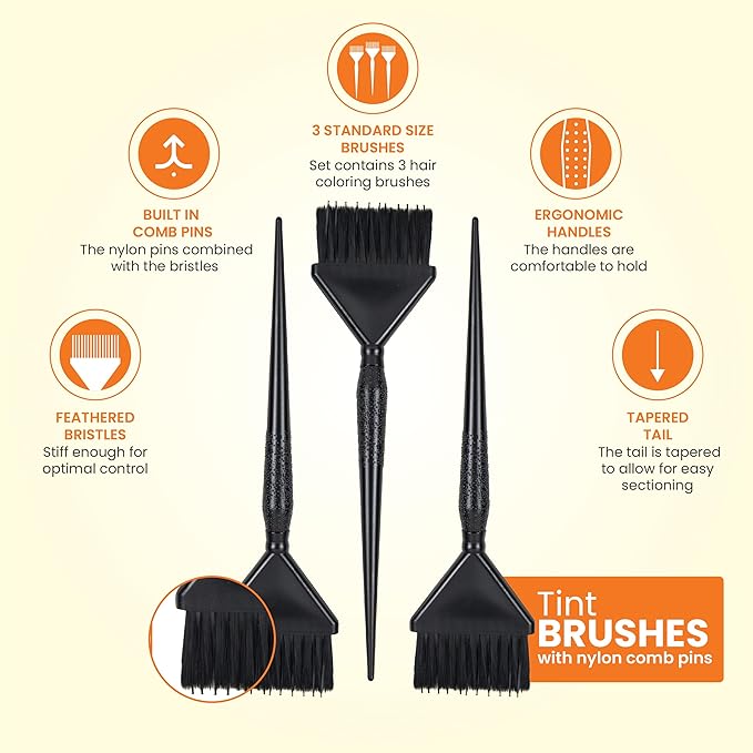 Classic Hair Color Brushes with Built-In Comb - 3 Tint Applicators for Salon Hair Coloring
