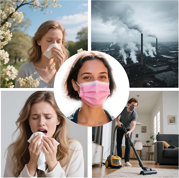 akgk 100PCS Pink Disposable Face Masks, 3-Ply Breathable Pink Face Mask For Adults