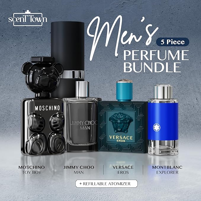 Mens Cologne Gift Sets Bundle Mini Bottle – Designer Mens Cologne Sampler Sets with Refillable Atomizer – Box Includes Versace, Moschino, Mont Blanc, Jimmy Choo Travel Size (0.17 Oz Each)
