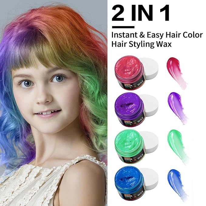 4Pcs Temporary Hair Color Wax for Christmas Party, Daily Party Cosplay Stocking Stuffers DIY Washable Hair Chalk Natural Instant Hair Color for Women Temporary Hair Dye for Kids Teens Women Men 40g