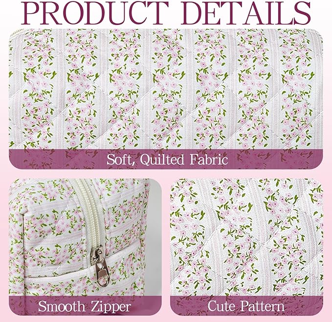 Quilted Makeup Pouch,Cotton Puffy Makeup Bag, Coquette Cosmetic Bag for Women and Girls, Aesthetic Organizer Bag, Cute Flower Travel Toiletry Bag
