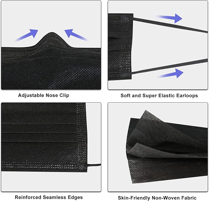 akgk 200pcs Disposable Face Masks, Black Mask, 3 Ply Disposable Masks