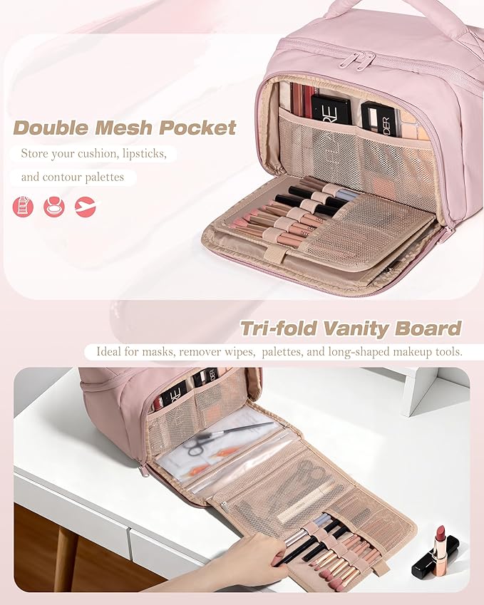 Travel Makeup Bag for Women, Toiletry Organizer with Waterproof Pockets, Puffy Cosmetics Pouch for Makeup Brushes, Skincare & Travel Essentials, Pink (Bag only)