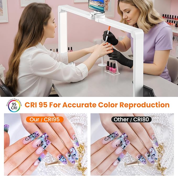 Nail Light for Desk,34 Inch 48W Half Moon Light-Adjustable 3000K-6000K Color Temp, 0-100% Brightness,Nails lamp with Phone Stand,for Nails Art,Tattoo,Eyebrow,Beauty,Reading,Salon