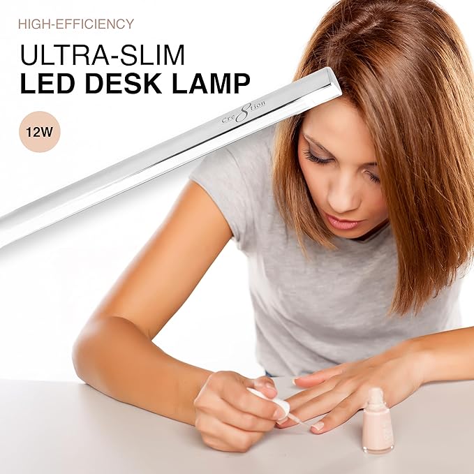 Cre8tion Ultra‑Slim LED Desk Lamp, Champagne Gold, 12 W Sleek Task Light for Nail Salons, Lash Techs, Home Offices (Silver)
