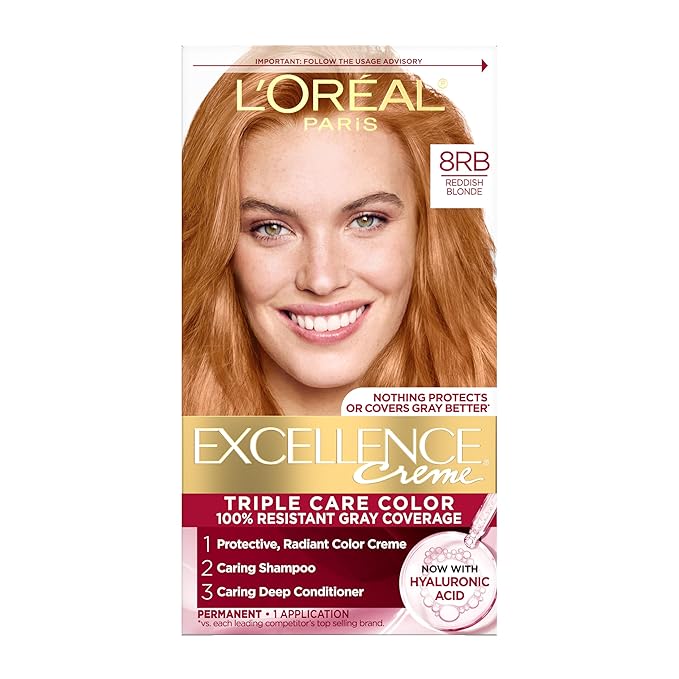 L'Oreal Paris Excellence Crème Permanent Hair Dye, Triple Care Hair Color with Pro-Keratine Complex for 100% Gray Hair Coverage, 8RB Reddish Blonde, 1 Kit