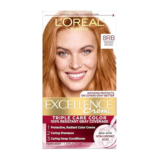 L'Oreal Paris Excellence Crème Permanent Hair Dye, Triple Care Hair Color with Pro-Keratine Complex for 100% Gray Hair Coverage, 8RB Reddish Blonde, 1 Kit