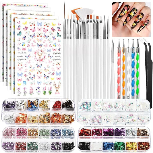FANDAMEI Nail Tools, Nail Art Brushes Set, Nail Art Dotting Tools, Nail Stickers, Butterfly Nail Art Sequins, Nail Foils, Nail Art Flakes Iridescent, Nail Art Kits, Rhinestones For Nails Design