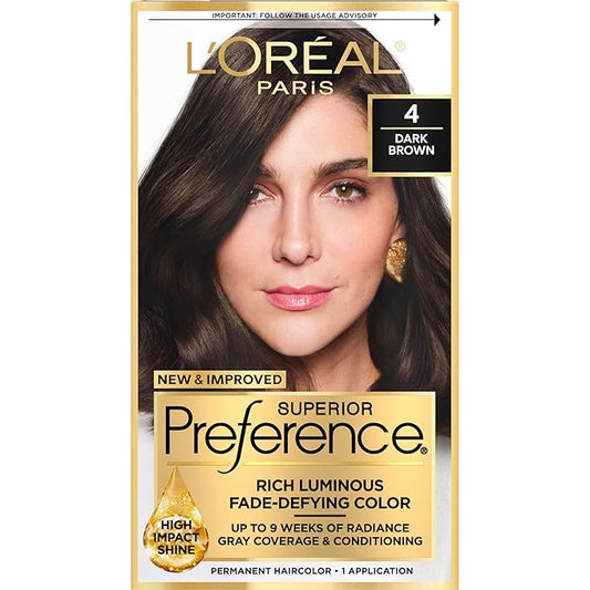 L'Oreal Paris Superior Preference Luminous Fade-Defying Permanent Hair Color, Hair Dye For Up to 9 Weeks of Radiance, Dark Brown 4, 1 Hair Dye Kit