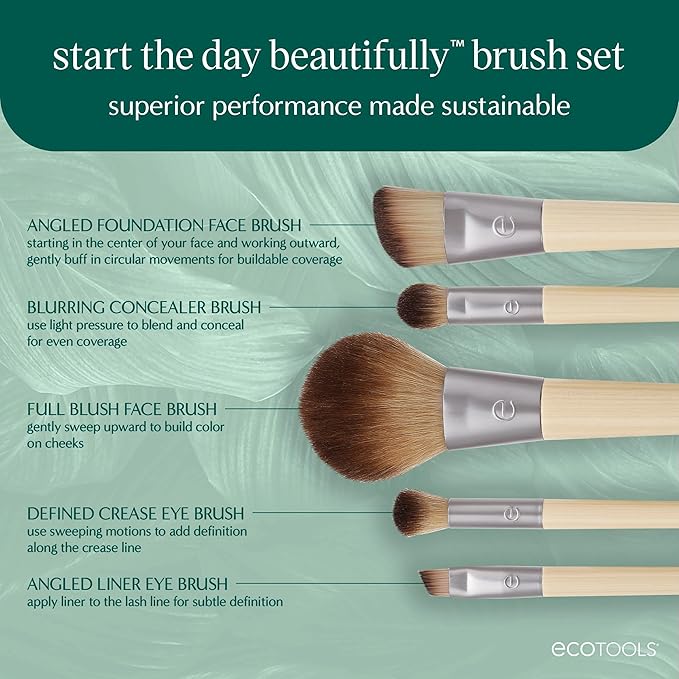 EcoTools Makeup Brush Set for Eyeshadow, Foundation, Blush, and Concealer with Bonus Storage Case, Start the Day Beautifully, Travel Friendly, 6 Piece Set
