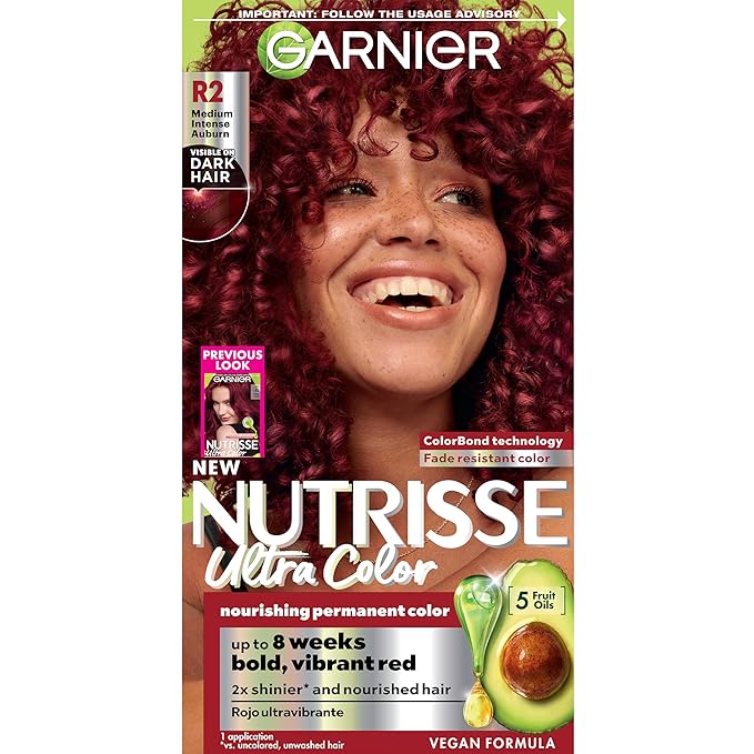 Garnier Hair Color Nutrisse Ultra Color Nourishing Creme, R2 Medium Intense Auburn (Goji Berry) Red Permanent Hair Dye, 1 Count (Packaging May Vary)