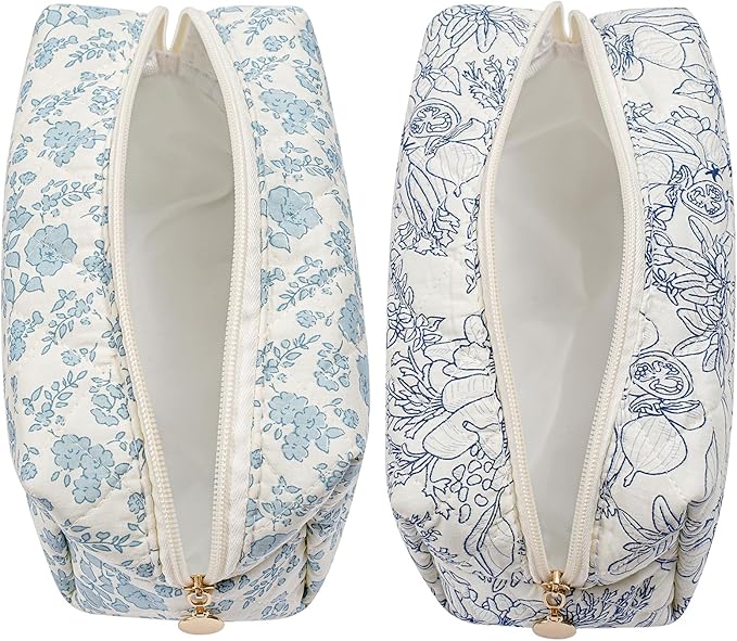 Makeup Bag Travel Cosmetic Bag for Women Girls, Zipper Make Up Pouch, Floral Flowers Toiletry Organizer Makeup, Portable Storage Bag, Cosmetic Travel Cloth Bag (Blue Floral+Navy Blue Flower)
