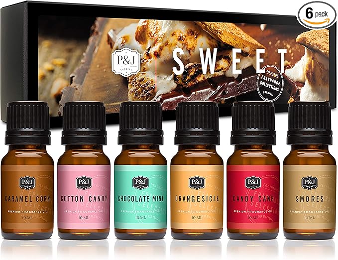 P&J Fragrance Oil Sweet Set | Chocolate Mint, Cotton Candy, Candy Cane, Caramel Corn, Orangesicle, and Smores Candle Scents for Candle Making, Freshie, Soap Making Supplies, Diffuser Oil Scents
