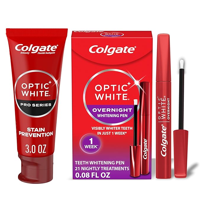 Colgate Optic White Overnight Teeth Whitening Pen and Whitening Toothpaste Kit, Includes 0.08 fl oz Teeth Whitener Pen with 21 Nightly Treatments Plus a 3.0 fl oz Enamel Safe Whitening Toothpaste