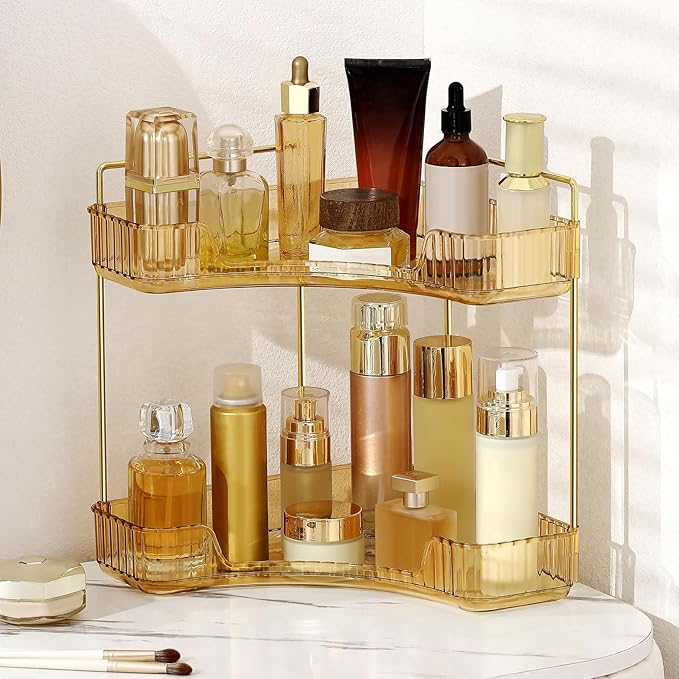 YCIA&DONE Corner Bathroom Counter Organizer, Makeup Organizer for Vanity, Skincare Cosmetic Perfume Tray, Corner Countertop Shelf Rack Storage for Bathroom Kitchen 2 Tiers (Amber Gold)