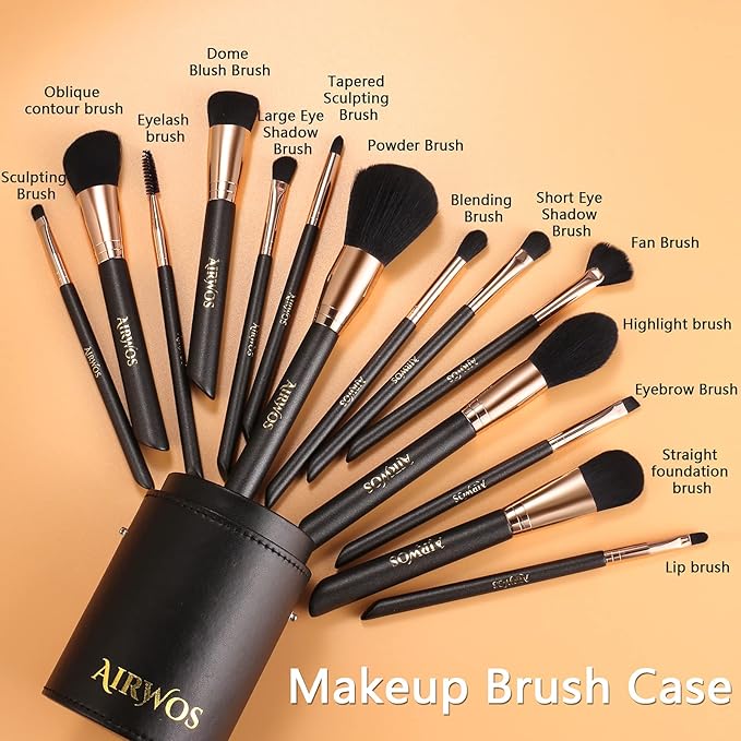 AirWos® 14 Pcs Professional Makeup Brush Set with Case - Synthetic Foundation, Powder, Eyeshadow, Concealer Brushes with Pearl Flash Handles