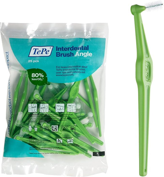 TePe Interdental Brush Angle, Angled Dental Brush for Teeth Cleaning, Pack of 25, 0.8 mm, Large Gaps, Green, Size 5