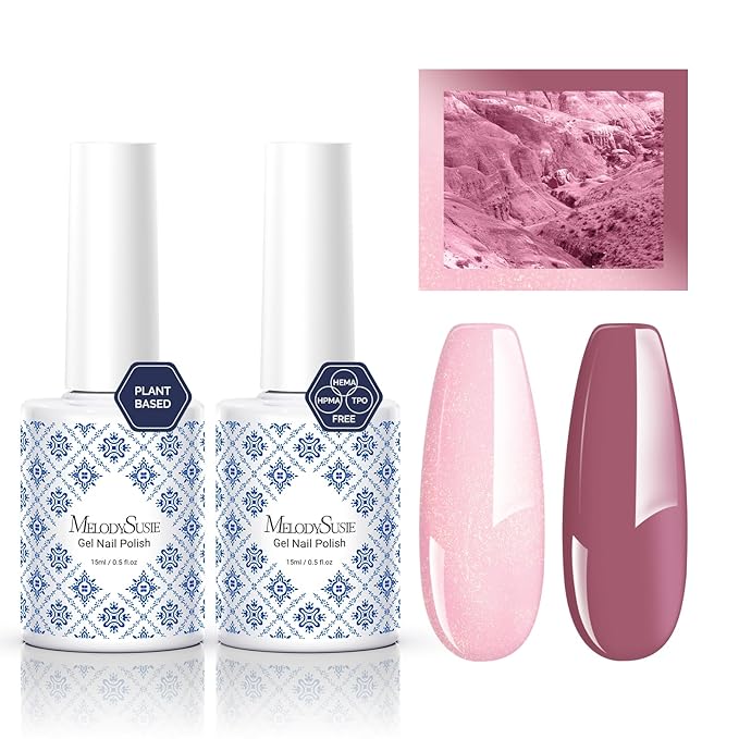 MelodySusie Fleurwee Plant Based Gel Nail Polish, 2 Pcs Hema Free Gel Polish Pink Purple and Glitter Pink Nail Polish 21 Non Toxic Long Lasting Nail Art Salon DIY Manicure at Home Gift for Women