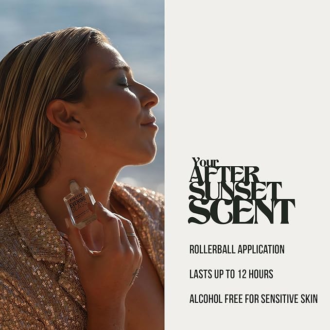 PIRETTE Evening Glass Fragrance Oil Roll On, Beach-Inspired, Long Lasting Perfume Oil with Notes of Dark Coconut, Warm Wood & Smoky Vanilla, Daily Rollerball Perfume for Women and Men, 0.5 fl oz