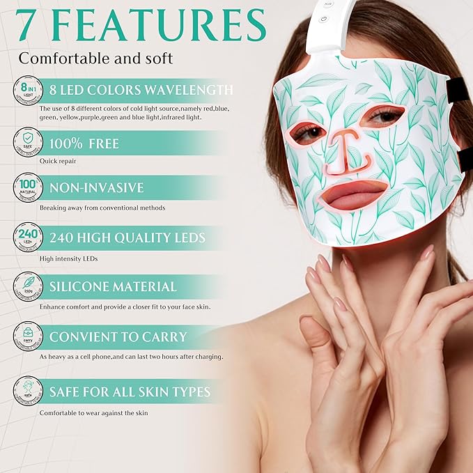 Red Light Therapy for Face, Led Contour Face Mask Light Therapy, 7+1 Color Near-infrared 850 Led Light Mask Portable and Rechargeable, Red Light Therapy At Home and Wireless Led Face Mask[BMask Pro]