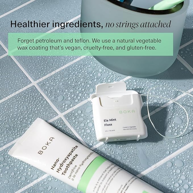 Boka Ela Mint Expandable Woven Dental Floss, Made from Natural Vegetable Wax, Teflon-Free and Petroleum-Free, 30 Yards of Waxed Floss (Pack of 3)