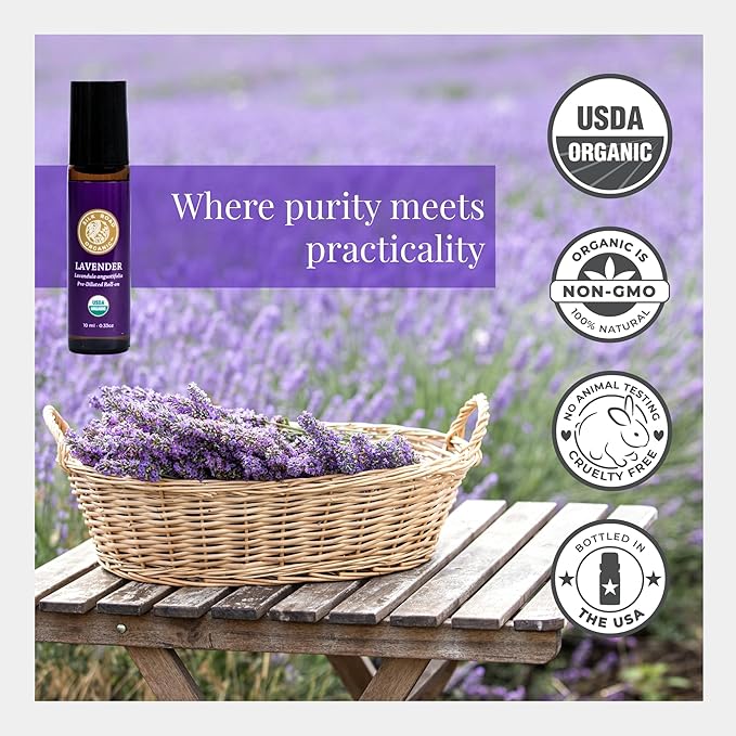 Silk Road Organic Lavender Essential Oil Roll On, USDA Certified, Calming, Relaxation & Sleep - 10 ml Aromatherapy Roller