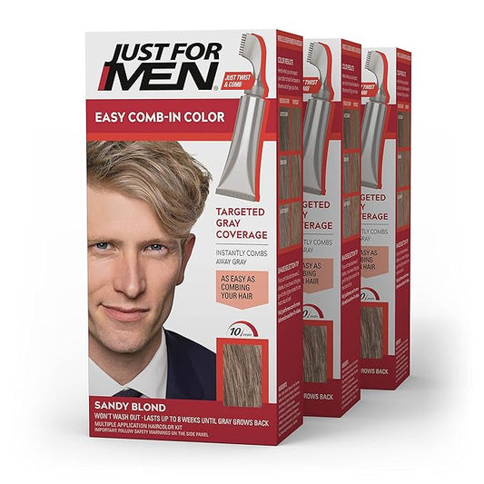 Just For Men Easy Comb-In Color Mens Hair Dye, Easy No Mix Application with Comb Applicator - Sandy Blond, A-10, Pack of 3