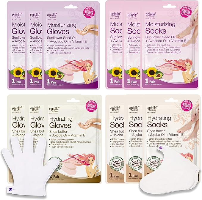 Epielle Hydrating & Moisturizing Hand & Foot Masks for Dry, Rough Skin, Self Care Gifts for Women, Spa Kit, Stocking Stuffers, Thanksgiving Essentials, 6 Moisturizing Gloves & 6 Moisturizing Socks