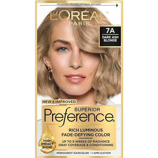 L'Oreal Paris Superior Preference Luminous Fade-Defying Permanent Hair Color, Hair Dye For Up to 9 Weeks of Radiance, Dark Ash Blonde 7A, 1 Hair Dye Kit
