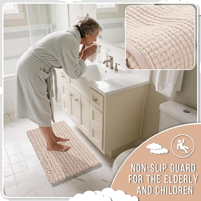 Yimobra Bathroom Rugs Non Slip Washable - Ultra Soft Absorbent Chenille Bath Mat, Quick Dry Shaggy Floor Carpet for Tub Shower, Pinkish Beige Home Decor Accessories, 24x17 Inch