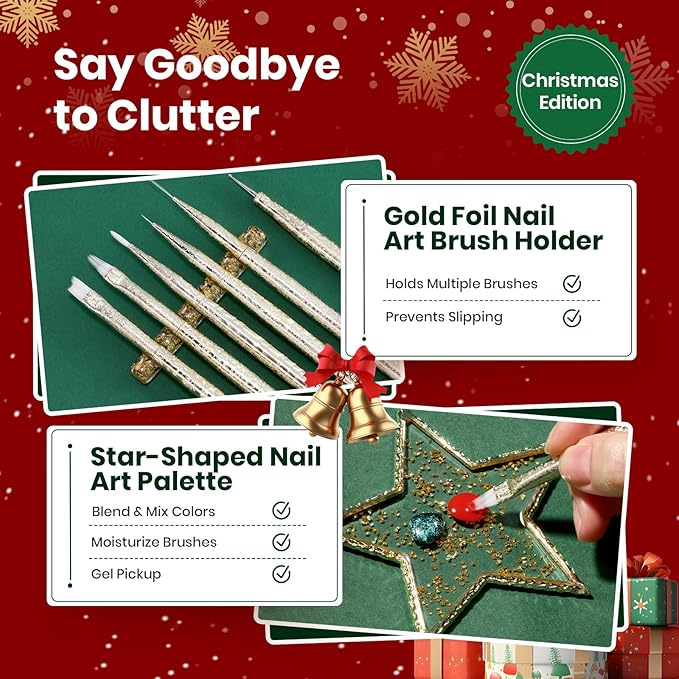 Beetles Christmas Nail Art Brushes 6pcs – Golden Gleam Nail Art Tools Liner Brushes for Nails Dotting Tool Gradient/French/Petal Manicure Design Pen with Star Palette Holder Nails Stickers Pouch Bag
