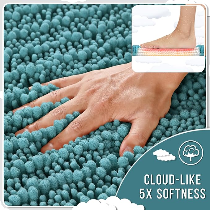 Yimobra Bathroom Runner Rug 55x24 Inch - Extra Long Non Slip Chenille Bath Mat, Soft & Absorbent, Machine Washable Shaggy Hallway Carpet for Vanity Tub Shower, Teal Blue Home Decor Accessories