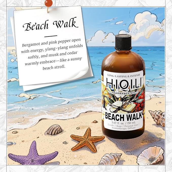 HIQILI Beach Walk Fragrance Oil for Diffuser & Humidifier, Candle & Soap Making, Luxury Hotel Scents, Perfect as a Gift - 5.07 Fl Oz