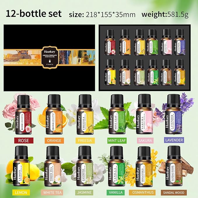 Premium Essential Oils Gift Set, 12 Aromatherapy Blends for Diffusers, Home Care, Candle Making-Rose, Orange, Freesia, Mint, Sakura, Lavender, Lemon, White Tea, Jasmine, Vanilla, Osmanthus, Sandalwood