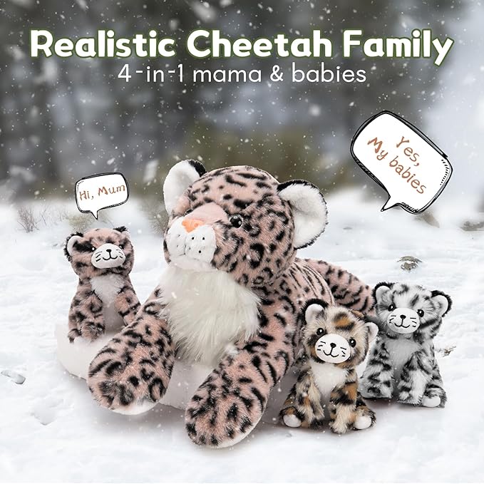 MorisMos Pink Cheetah Stuffed Animal with Babies,18" Large Mommy Leopard with Cub Plushies,Mama & Baby Leopard Stuffed Animals Set,Realistic Cheetah Toys Gift for Girl Kid Birthday Jungle Party Decor