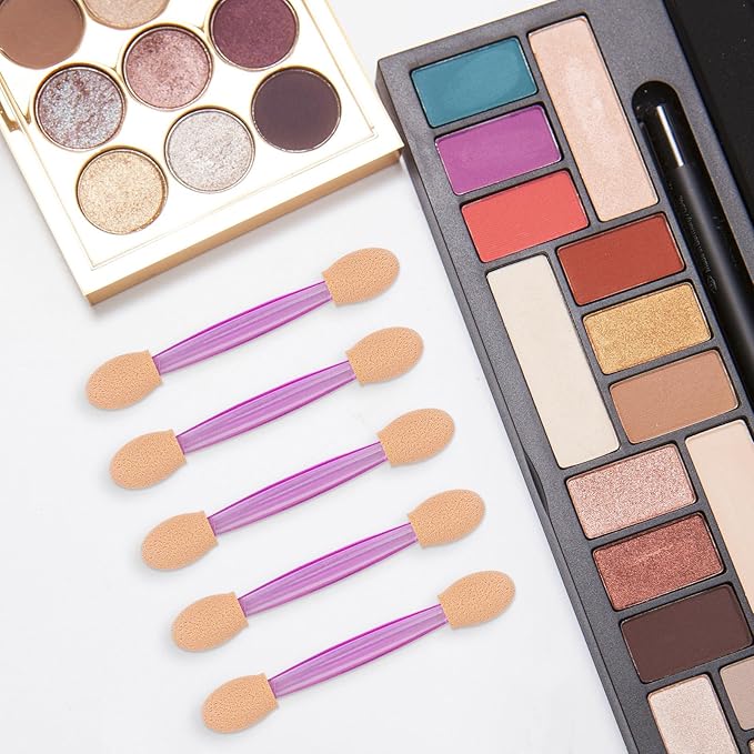 150 Eye Shadow Applicator Disposable Foam Makeup Brush Sponge Tipped Oval Eyeshadow Applicators Dual Sides with Container, Purple