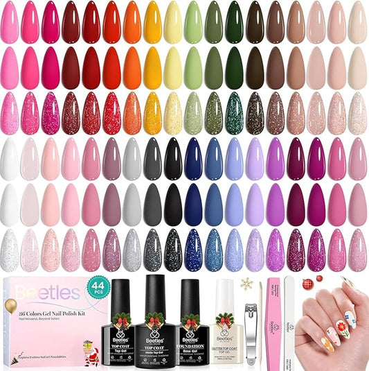beetles Gel Polish 44pcs Winter Gel Nail Polish Set 36 Colors Brown Burgundy Red Blue Purple Green Black White with Base Top Coat UV LED Needed Salon DIY at Home Christmas Gift for Women Colorful Muse