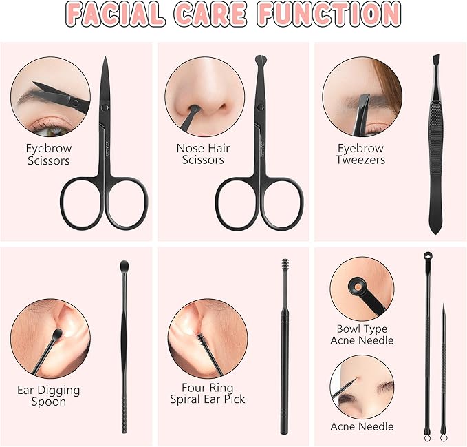 Manicure Set, Jubolion 19pcs Stainless Steel Professional Nail Clippers Pedicure Set with Black Leather Storage Case, Portable Grooming Kit for Travel or Home, Perfect Gifts Women and Men (Black)