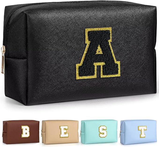 TOPEAST Initial Makeup Bag, Personalized Initial Bags with Zipper, Cute Makeup Pouch, PU Leather Waterproof Cosmetic Bag, Birthday Gift for Women, Preppy Things for Girls (Black A)