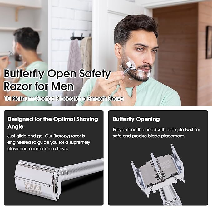 Men's Safety Razor with 10 Blades, Eco-Friendly Shaving Kit - Great Christmas Gifts for Men & Teens, Boyfriend - Reusable Metal Shaver, Ideal Stocking Stuffer for a Smooth Shave - Silver