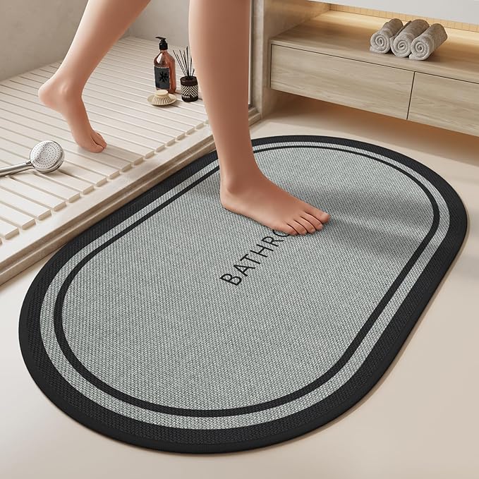 Non-Slip Bath Mat with Upgraded Rubber-Backing, Washable Thin Bath Mats for Bathroom Floor, Absorbent Woven Bathroom Rugs, Quick Dry, Fits Under Door, 16x24, Border Grey