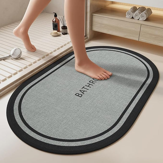 Non-Slip Bath Mat with Upgraded Rubber-Backing, Washable Thin Bath Mats for Bathroom Floor, Absorbent Woven Bathroom Rugs, Quick Dry, Fits Under Door, 16x24, Border Grey