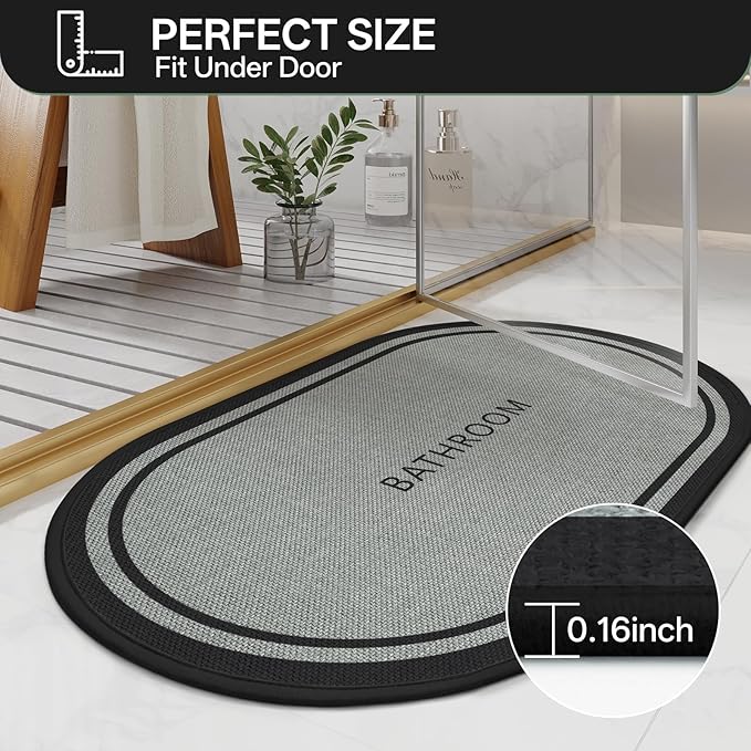 Non-Slip Bath Mat with Upgraded Rubber-Backing, Washable Thin Bath Mats for Bathroom Floor, Absorbent Woven Bathroom Rugs, Quick Dry, Fits Under Door, 16x24, Border Grey